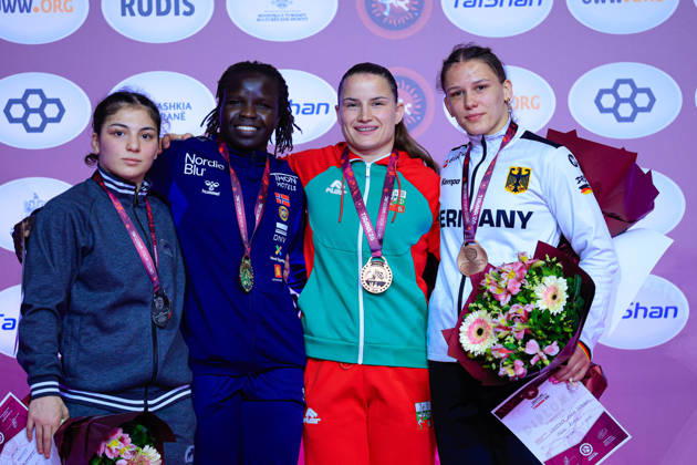 Senior Wrestling European Championships 2026 Podium 62kg WW - Gold: Grace Jacob Bullen (NOR), Silver: Amina Tandelova (UWW), Bronze: Bilyana Zhivkova Dudova (BUL), Naemi Leistner (GER)