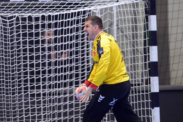 Jubel bei Nebojsa Simic (Torwart MT Melsungen 16) , GER, MT Melsungen - FC Porto (POR), Handball, EHF European League Maenner, Quarter-Final, Saison 2025 2026, 28.04.2026, GER, MT Melsungen - FC Porto, Handball, EHF Maenner, Quarter-Final, Saison 2025 2026, 28.04.2026 Kassel Copyright: xEibner-Pressefotox xRolandxSippelx EP_RSL