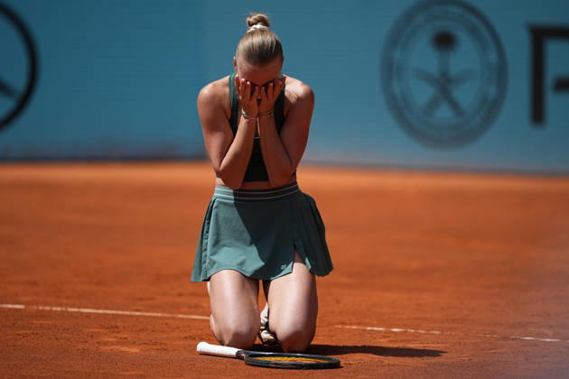 April 29, 2026, Madrid, Madrid, Spain: Anastasia Potapova of Austria reacts after winning against Karolina Pliskova of Czech Republic during the Mutua Madrid Open 2026, ATP, Tennis Herren Masters 1000 and WTA, Tennis Damen 1000, at La Caja Magica on April 29, 2026 in Madrid, Spain. Madrid Spain - ZUMAa181 20260429_zaa_a181_056 Copyright: xOscarxJ.xBarrosox