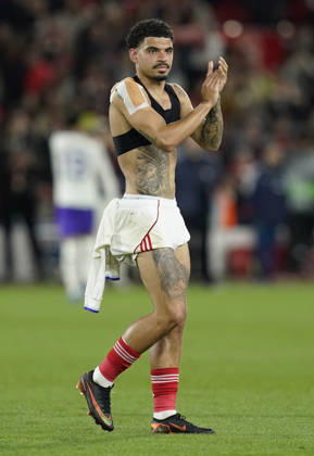 Nottingham, England, 30th April 2026. Morgan Gibbs White of Nottingham Forest calls the fans during the Nottingham Forest vs Aston Villa UEFA Europa League Semi Final 1st leg match at the City Ground, Nottingham. Picture credit should read: Andrew Yates Sportimage EDITORIAL USE ONLY. No use with unauthorised audio, video, data, fixture lists, club league logos or live services. Online in-match use limited to 120 images, no video emulation. No use in betting, games or single club league player publications. SPI_056_AY_Forest_Villa SPI-4767-0057