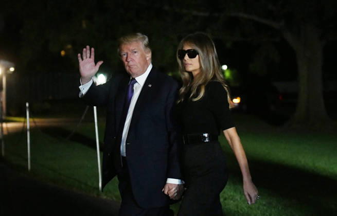 February 12, 2017 - Washington, District of Columbia, United States of America - United States President Donald J. Trump and first lady Melania Trump return to the White House from Las Vegas, Nevada October 4, 2017. The President and the first lady visited with civilian heroes and first responders from the deadliest mass shooting in US history. .Credit: Olivier Douliery Pool via CNP Copyright: xOlivierxDoulieryx