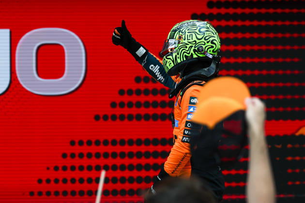 RECORD DATE NOT STATED 2nd May 2026; Miami International Autodrome, Miami, Florida, United States of America; 2026 FIA Formula 1 Miami Grand Prix; Sprint Race; Lando Norris (1) of Great Britain and McLaren Mastercard F1 Team holds a thumbs up to fans and crew after winning the Sprint Race DavidxBuono
