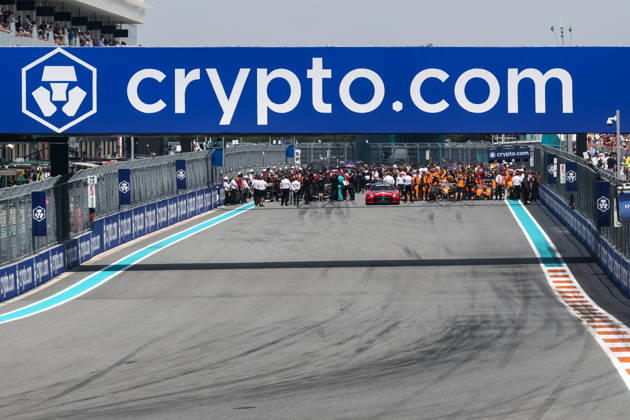 RECORD DATE NOT STATED 2nd May 2026; Miami International Autodrome, Miami, Florida, United States of America; 2026 FIA Formula 1 Miami Grand Prix; Sprint Race; crypto.com logo sits above the track before the Sprint Race DavidxBuono
