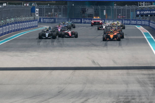 RECORD DATE NOT STATED 2nd May 2026; Miami International Autodrome, Miami, Florida, United States of America; 2026 FIA Formula 1 Miami Grand Prix; Sprint Race; Lando Norris (1) of Great Britain and McLaren Mastercard F1 Team leads drivers at the start of the Sprint Race DavidxBuono