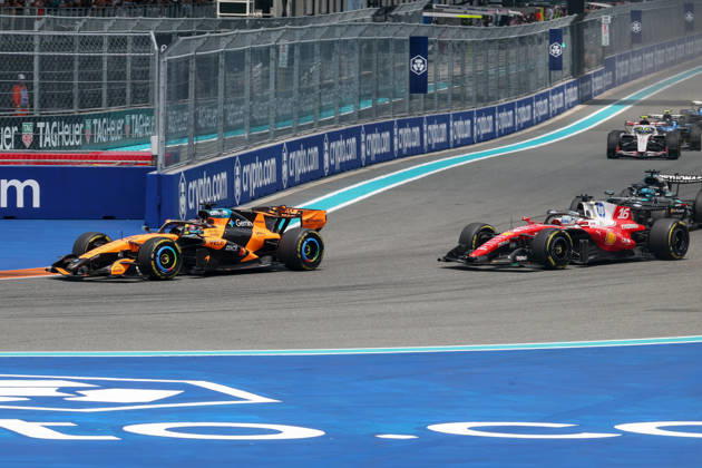 RECORD DATE NOT STATED 2nd May 2026; Miami International Autodrome, Miami, Florida, United States of America; 2026 FIA Formula 1 Miami Grand Prix; Sprint Race; Oscar Piastri (81) of Australia and McLaren Mastercard F1 Team and Charles Leclerc (16) of Monaco and Scuderia Ferrari HP head into turn one on the opening lap DavidxBuono