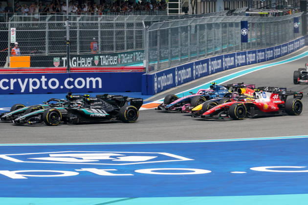 RECORD DATE NOT STATED 2nd May 2026; Miami International Autodrome, Miami, Florida, United States of America; 2026 FIA Formula 1 Miami Grand Prix; Sprint Race; Kimi Antonelli (12) of Italy and Mercedes-AMG PETRONAS Formula One Team and George Russell (63) of Great Britain and Mercedes-AMG PETRONAS Formula One Team lead Lewis Hamilton (44) of Great Britain and Scuderia Ferrari HP, Max Verstappen (3) of the Netherlands and Oracle Red Bull Racing and Franco Colapinto (43) of Argentina and BWT Alpine Formula One Team into turn one on the opening lap DavidxBuono