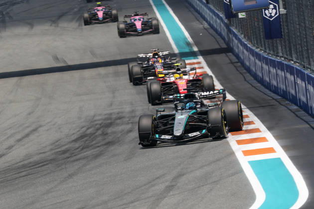 RECORD DATE NOT STATED 2nd May 2026; Miami International Autodrome, Miami, Florida, United States of America; 2026 FIA Formula 1 Miami Grand Prix; Sprint Race; George Russell (63) of Great Britain and Mercedes-AMG PETRONAS Formula One Team heads into turn one DavidxBuono