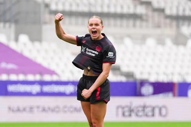 03.05.2026, xydrx, Frauen, Fußball, 1.Frauen-Bundesliga, SGS Essen - Bayer 04 Leverkusen, Saison 2025 2026, Stadion an der Hafenstraße: Torjubel nach dem Tor zum 4:0 für Bayer 04 Leverkusen durch Torschützin Cornelia Kramer (Bayer 04 Leverkusen, 7) DFB regulations prohibit any use of photographs as image sequences and or quasi-video. Copyright: HMBxMedia YannisxDreimann