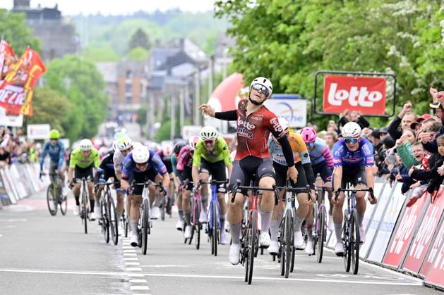 Lotto Famenne Ardenne Classic 2026 Cycling Race MARCHE-EN-FAMENNE, BELGIUM - MAY 03 : De Lie Arnaud (BEL) of Lotto - Intermarche wins the sprint, second place for Verbrugghe Jens (BEL) of NSN Development Team, third place for Moschetti Matteo (ITA) of Pinarello - Q36.5 Pro Cycling Team during the 8th edition of Lotto Famenne Ardenne Classic an UCI Class 1.1 one day cycling road race for Men Elite of km with start in Marche-en-Famenne and finish in Marche-en-Famenne on May 3, 2026 in Marche-en-Famenne, Belgium, 03 05 2026 ( Motordriver Guy De Vuyst - Marche-en-Famenne Belgium  Copyright: xJanxDexMeuleneirx