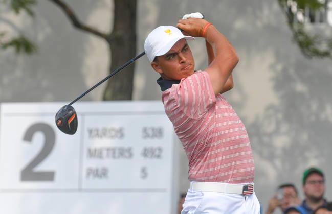Friday September 29, 2017: Rickie Fowler of the United States watches his tee shot on the 2nd hole during the second round of the Presidents Cup at Liberty National Golf Course in Jersey City, New Jersey. Gregory Vasil CSM Copyright: xGregoryxVasilx
