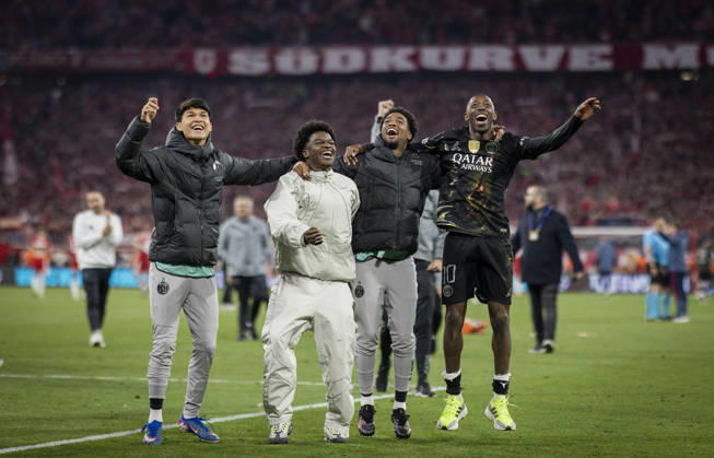 Munich, Germany. 06th Mai 2026. Kang-in Lee (Paris) Quentin Ndjantou (Paris) Ousmane Dembele (Paris) FC Bayern München - Paris Saint Germain 06.05.2026