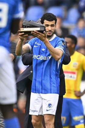 Ebbenhouten schoen for Genk s Zakaria El Ouahdi pictured ahead of a soccer match between KRC Genk and KVc Westerlo, Sunday 10 May 2026 in Genk, on the seventh day of the Europe Play-offs (PO 2) of the 2025-2026 Jupiler Pro League first division of the Belgian championship. JOHAN EYCKENS JohanxEyckens  x173429692x