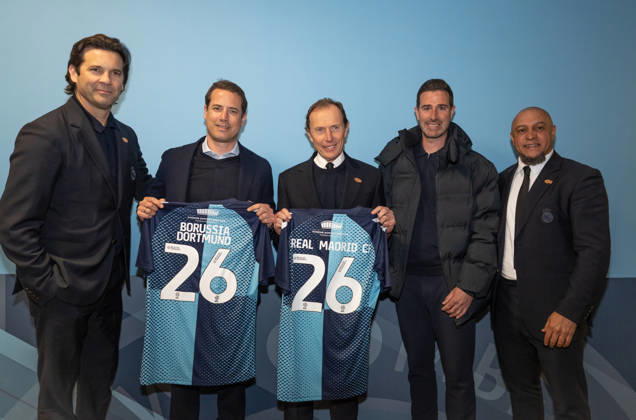 Santiago Solari, Lars Ricken, Emilio Butragueno and Roberto Carlos with Wycombe chairman Dan Rice during the Premier League International Cup final match between Real Madrid Castilla and Borussia Dortmund U21, U 21 at Adams Park, High Wycombe, England on 12 May 2026.  Copyright: xAndyxRowlandx PMI-7244-0002