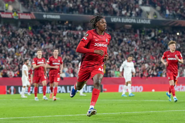 Johan Manzambi (SC Freiburg, 44) Torjubel, Emotionen, Torschuss, Abschluss, Torerfolg, Tor, Treffer , Deutschland, Fussball, UEFA Europa League, Halbfinale, Rückspiel, 2025 2026, SC Freiburg vs. SC Braga, 07.05.2026, Europa-Park Stadion, Freiburg Freiburg Europa-Park Stadion Baden-Württemberg Deutschland Copyright: xArnexAmbergx