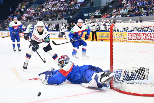 L-R Martin Ronnild (NOR), goalkeeper Samuel Hlavaj (SVK) and Maxim Strbak (SVK) in action during the 2026 IIHF World Championship, WM, Weltmeisterschaft Group B, match Slovakia vs Norway, on May 16, 2026, Fribourg, Switzerland. (CTKxPhoto RadekxPetrasek) CTKPhotoP2026051602871  CTKPhotoP2026051602871