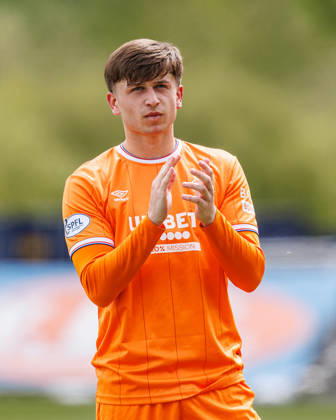 RECORD DATE NOT STATED 16th May 2026; Falkirk Stadium, Falkirk, Scotland; Scottish Premiership Football, Falkirk versus Rangers; Mikey Moore of Rangers applauds Rangers travelling support at full time WMxSportsxMedia