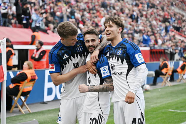 Jubel 0:1, Luka Vuskovic (Hamburger SV), Fabio Vieira (Hamburger SV), Otto Stange (Hamburger SV), v.li. 16.05.2026, Fussball 1. Bundesliga, Saison 2025 2026, 34. Spieltag, Bayer 04 Leverkusen - Hamburger SV DFL regulations prohibit any use of photographs as image sequences and or quasi-video Leverkusen BayArena Nordrhein Westfalen Deutschland