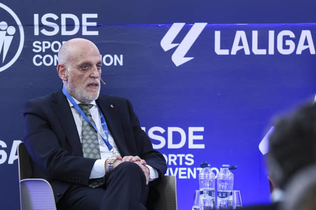 May 21, 2026, Madrid, Madrid, Spain: Javier Tebas, president of LaLiga, participates in a discussion on â€oeTechnology, Piracy, and Artificial Intelligence in Sports†during the ISDE Sports Convention at the Official College of Architects of Madrid on May 21, 2026, in Madrid, Spain. Madrid Spain - ZUMAa181 20260521_zaa_a181_024 Copyright: xIrinaxR.xHipolitox