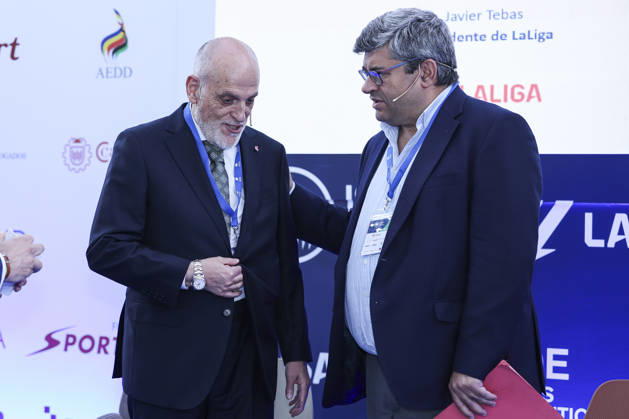 May 21, 2026, Madrid, Madrid, Spain: Javier Tebas, President of LaLiga and Juan Fernandez Tamames, lawyer and secretary of the Criminal Compliance Committee at Telefonica Spain, participates in a discussion on â€oeTechnology, Piracy, and Artificial Intelligence in Sports†during the ISDE Sports Convention at the Official College of Architects of Madrid on May 21, 2026, in Madrid, Spain. Madrid Spain - ZUMAa181 20260521_zaa_a181_028 Copyright: xIrinaxR.xHipolitox