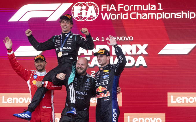 May 24, 2026, Montreal, Qc, CANADA: Winner Mercedes driver Kimi Antonelli of Italy is hoisted by second place Ferrari driver Lewis Hamilton of the United Kingdom, left, and Mercedes team senior composite technician Dean Hale, as third place Red Bull Racing driver Max Verstappen of the Netherlands, right, joins them following Formula One auto racing Canadian Grand Prix in Montreal on Sunday, May 24, 2026. Canada News - May 24, 2026 - ZUMAc35_ 20260524_zaf_c35_105 Copyright: xChristinnexMuschix