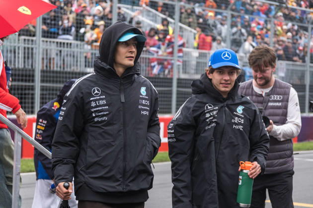 George Russell (UK, Mercedes-AMG Petronas Formula 1 Team 63) und Kimi Antonelli (ITA, Mercedes-AMG Petronas Formula 1 Team 12) bei der Fahrerparade, CAN, Großer Preis von Kanada, Montreal, Motorsport, Formel 1, 24.05.2026 CAN, Großer Preis von Kanada, Montreal, Motorsport, Formel 1 Montreal Copyright: xEibner-Pressefotox EP_MKB