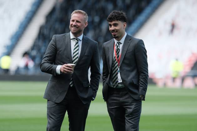 UK: Celtic v Dunfermline, Scottish Cup Final at Barclays Hampden, Glasgow, Scotland on 23 May 2026: Pictured: Celtic goalkeeper Kasper Schmeichel and Sebastian Tounekti (Celtic) Glasgow Barclays Hampden Scotland Copyright: xAlexxToddx
