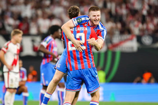 UEFA Conference League final: Crystal Palace FC Vs Rayo Vallecano Jorgen Strand Larsen and Adam Wharton celebrate a win during the UEFA Conference League Final 2026 match between Crystal Palace FC and Rayo Vallecano at Football Arena Leipzig. Copyright: xMikolajxBarbanellx