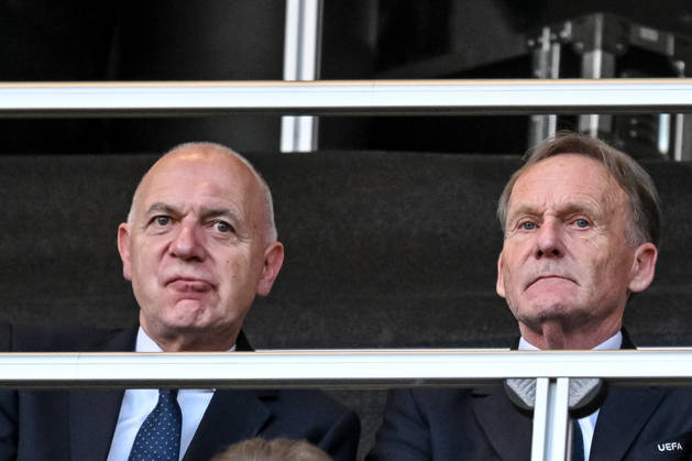 DFB Präsident Bernd Neuendorf and Hans-Joachim Watzke Looks on during the UEFA Conference League Final 2026 match between Crystal Palace FC and Rayo Vallecano de Madrid at Football Arena Leipzig on May 27, 2026 in Leipzig, Germany. (Photo by Harry Langer DeFodi Images) -