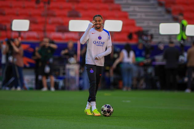 Paris Saint-Germain, Open Training Session Paris Saint-Germain Forward Bradley Barcola (29) during the open training session for Paris Saint-Germain ahead of the Champions League Cup Final at Puskas Arena Park, Budapest, Hungary on 29 May 2026. Budapest Puskas Arena Park Hungary Editorial use only , Copyright: xChrisxFoxwellx PSI-24345-0036
