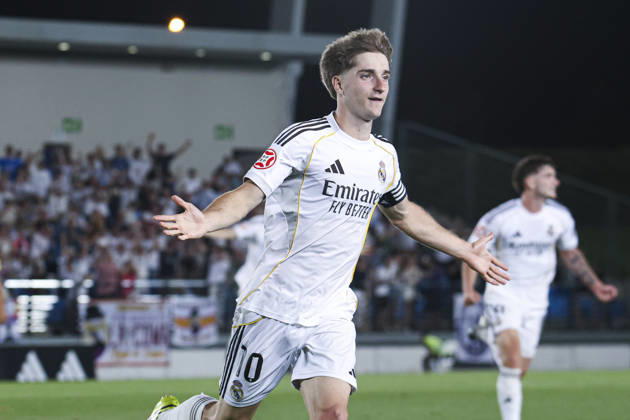 Real Madrid Castilla vs. CE Sabadell, on the playoff matchday of the 2025 26 Primera Federacion (Third Division of Spain) May 29, 2026, Madrid, Spain: Cesar Palacios celebrates his goal during the Primera Division championship football match between Real Madrid Castilla and CD Sabadell on 29 May 2026 at Estadio Alfredo Di Stefano in Madrid, Spain. Madrid Madrid Spain Copyright: xAlejandroxMatiasx