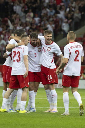 Fußball, Testspiel, Polen - Nigeria #6 Poland - Nigeria 03.06.2026 football, Warsaw, PGE National Stadium, FIFA , friendly international game match Poland - Nigeria ( mecz towarzyski, pilka nozna, Polska - Nigeria ) image shows: goal react Przemyslaw Wisniewski (3) Karol Czubak (24) Norbert Wojtuszek (2) Kacper Kozlowski (23) photo Katarzyna Plewczynska Fotostyk Copyright: xKatarzynaxPlewczynskax 20260603FCTKPKAPL7975