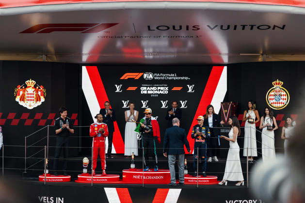 June 7, 2026, Monte Carlo, Monte Carlo, Principality of Monaco: LEWIS HAMILTON (44, Scuderia Ferrari HP, GBR, British F1 Driver, SF-26) ANDREA KIMI ANTONELLI (12, Mercedes AMG Petronas F1 Team, ITA, Italian F1 Driver, W17) ISACK HADJAR (6, Oracle Red Bull Racing, FRA, French F1 Driver, RB22) during the Formula 1 Podium on Race Day (Sunday) at the Formula 1 Louis Vuitton Grand Prix de Monaco 2026 in Monte Carlo, Principality of Monaco Monte Carlo Principality of Monaco - ZUMAr193 20260607_zsp_r193_003 Copyright: xSaraxRuffonix