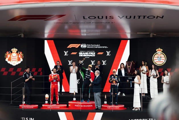 June 7, 2026, Monte Carlo, Monte Carlo, Principality of Monaco: LEWIS HAMILTON (44, Scuderia Ferrari HP, GBR, British F1 Driver, SF-26) ANDREA KIMI ANTONELLI (12, Mercedes AMG Petronas F1 Team, ITA, Italian F1 Driver, W17) ISACK HADJAR (6, Oracle Red Bull Racing, FRA, French F1 Driver, RB22) during the Formula 1 Podium on Race Day (Sunday) at the Formula 1 Louis Vuitton Grand Prix de Monaco 2026 in Monte Carlo, Principality of Monaco Monte Carlo Principality of Monaco - ZUMAr193 20260607_zsp_r193_004 Copyright: xSaraxRuffonix