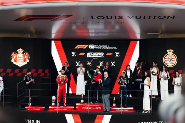 June 7, 2026, Monte Carlo, Monte Carlo, Principality of Monaco: LEWIS HAMILTON (44, Scuderia Ferrari HP, GBR, British F1 Driver, SF-26) ANDREA KIMI ANTONELLI (12, Mercedes AMG Petronas F1 Team, ITA, Italian F1 Driver, W17) ISACK HADJAR (6, Oracle Red Bull Racing, FRA, French F1 Driver, RB22) during the Formula 1 Podium on Race Day (Sunday) at the Formula 1 Louis Vuitton Grand Prix de Monaco 2026 in Monte Carlo, Principality of Monaco Monte Carlo Principality of Monaco - ZUMAr193 20260607_zsp_r193_005 Copyright: xSaraxRuffonix