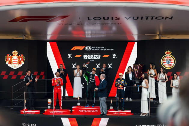 June 7, 2026, Monte Carlo, Monte Carlo, Principality of Monaco: LEWIS HAMILTON (44, Scuderia Ferrari HP, GBR, British F1 Driver, SF-26) ANDREA KIMI ANTONELLI (12, Mercedes AMG Petronas F1 Team, ITA, Italian F1 Driver, W17) ISACK HADJAR (6, Oracle Red Bull Racing, FRA, French F1 Driver, RB22) during the Formula 1 Podium on Race Day (Sunday) at the Formula 1 Louis Vuitton Grand Prix de Monaco 2026 in Monte Carlo, Principality of Monaco Monte Carlo Principality of Monaco - ZUMAr193 20260607_zsp_r193_007 Copyright: xSaraxRuffonix