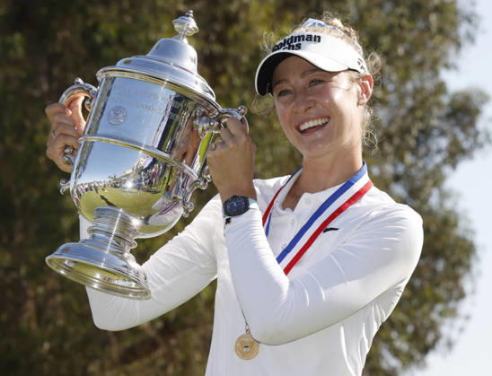 Nelly Korda raises her trophy after winning the 81st Women s U.S. Open golf championship at the Riviera Country Club in Pacific Palisades, California, on Sunday, June 7, 2026. Korda won with an eight-under-par score of 276.  GLP20260607853 CAROLINExBREHMAN