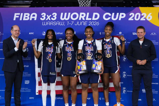June 7, 2026, Warsaw, Masovian Voivodeship, Poland: USA s MILAYSIA FULWILEY (4), MIKAYLAH WILLIAMS (12), SAHARA WILLIAMS (6), and JOYCE EDWARDS (13) pose with their women s 1st place medals during the prize ceremony at the conclusion of the 2026 FIBA 3x3 Basketball World Cup in Warsaw, Poland. To the left of the players stands FIBA Secretary General ANDREAS ZAGKLIS and to the right of the players stands Mayor of Warsaw RAFAL TRZASKOWSKI. Warsaw Poland - ZUMAk204 20260607_zip_k204_082 Copyright: xRomanxKozielx