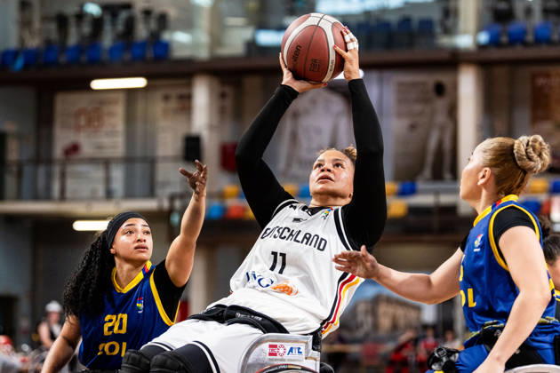GUADALAJARA, SPAIN - JUNE 08: Roli-Ann Neubauer (Germany, 11) controls the ball against Caren Duenas (Colombia, 20) during the 2026 IWBF Women™s Repechage match between Angola vs. Germany at Palacio Multiusos de Guadalajara on June 08, 2026 in Guadalajara, Spain. Spain Copyright: xSteffiexWunderlx