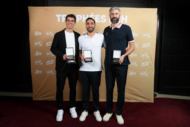 Trophees LNH 2026 - Paris Diego Simonet, Valero Rivera, and Pierre Paturel are seen during the Trophees LNH 2026 ceremony at Theâtre Marigny on the Champs-Élysees in Paris, France on June 9, 2026, organized by the Ligue Nationale de Handball. Photo by Lionel Urman ABACAPRESS.COM Paris France Copyright: xUrmanxLionel ABACAx