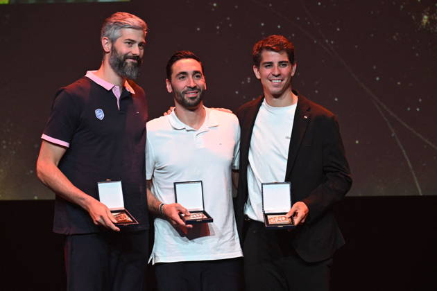 Trophees LNH 2026 - Paris Diego Simonet, Valero Rivera, and Pierre Paturel are seen during the Trophees LNH 2026 ceremony at Theâtre Marigny on the Champs-Élysees in Paris, France on June 9, 2026, organized by the Ligue Nationale de Handball. Photo by Lionel Urman ABACAPRESS.COM Paris France Copyright: xUrmanxLionel ABACAx