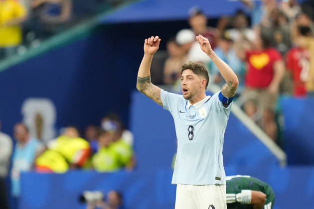 Saudi Arabia v Uruguay - FIFA World Cup, WM, Weltmeisterschaft, Fussball 2026 - Group H FLORIDA, USA - JUNE 15: Federico Valverde (8) of Uruguay celebrates after a goal during the 2026 FIFA World Cup First Stage Group H match between Saudi Arabia and Uruguay at Hard Rock Stadium (Miami Stadium) in Miami Gardens, Florida, United States on June 15, 2026. Evrim Aydin Anadolu Florida United States. Editorial use only. Please get in touch for any other usage.  Copyright: x2026xAnadoluxEvrimxAydinx