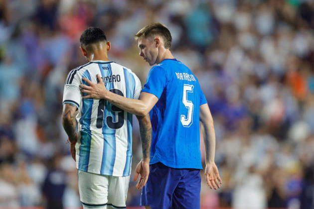 AUBURN, USA - JUNE 09: Gisli Thordarson 5 of Iceland greets Cristian Romero 13 of Argentina after a football friendly match at Jordan-Hare Stadium in Auburn, USA. Copyright: xStewxMilnexx xSPPx Sportspressphoto_SPR175922