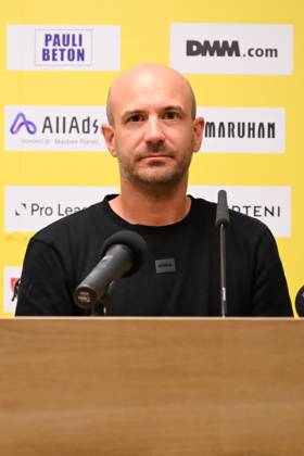 STVV s head coach Frederic De Meyer pictured during a press conference, PK, Pressekonferenz of Belgian first division soccer team Sint-Truiden VV, on Friday 26 June 2026 in Sint-Truiden, in preparation of the upcoming 2026-2027 Belgian first division soccer season. JILLxDELSAUX x179366661x