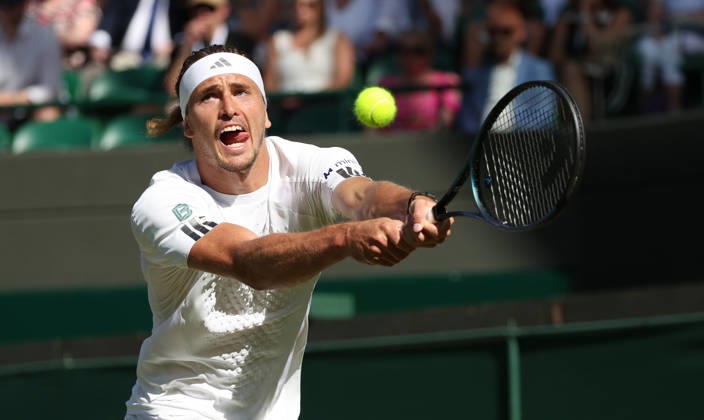 Germany s Alexander Zverev plays a backhand in his match against France s Valentin Royer at Wimbledon on day four of the 2026 Wimbledon Championships in London on Thursday, July 02, 2026. Zverev won the match 6-1,6-3,7-6.  LON2026070263 HUGOxPHILPOTT