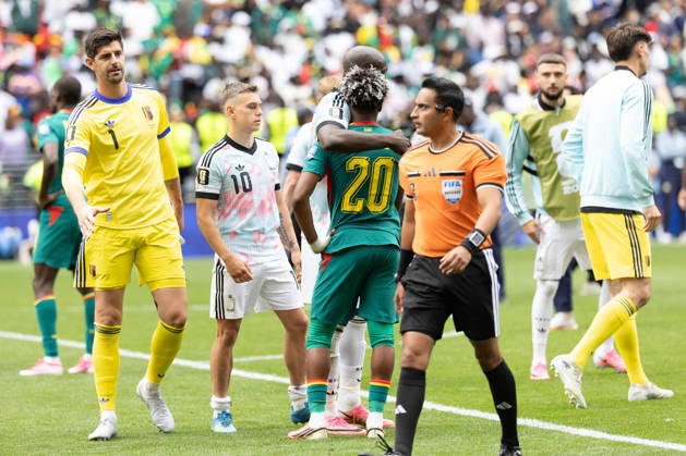 July 1, 2026, Seattle, Washington, USA: Senegal forward Ibrahim Mbaye (20) and Belgium forward Romelu Lukaku (9) huge by Belgium goalkeeper Thibaut Courtois (1) Belgium forward Leandro Trossard (10) and FIFa Referee at the end of the game Belgium national team, Nationalteam vs Senegal National Team for the FIFA World Cup, WM, Weltmeisterschaft, Fussball match, for the Round of 32 at Seattle Stadium. Seattle USA - ZUMAl181 20260701_zsp_l181_326 Copyright: xMelissaxLevinx