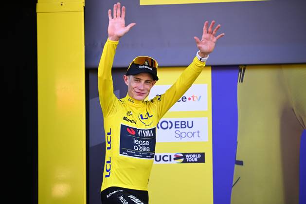 Tour de France 2026 Stage 1 BARCELONA, SPAIN - JULY 04 : Vingegaard Jonas (DEN) of Team Visma Lease a Bike on the podium during stage 1 of the 113rd edition of Tour de France an UCI World Tour 2.UWT Team Time Trial stage for Men Elite of 19 km with start in Barcelona and finish in Barcelona on July 4, 2026 in Barcelona, Spain, 04 07 2026 Barcelona Spain  Copyright: xTomasxSiskx