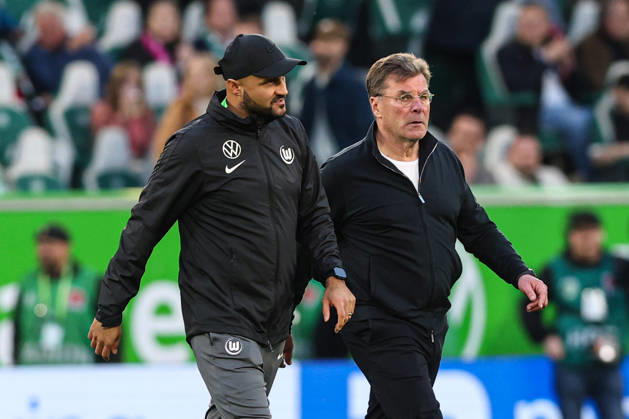 Trainer Dieter Hecking und Co-Trainer Murat Ural (VfL Wolfsburg) - 1. Fussball Bundesliga Saison 2025-2026 Punktspiel VfL Wolfsburg vs. FC Bayern München in der Volkswagen Arena in Wolfsburg - Fussball,Deutschland,Mann,Männer,09.05.2026