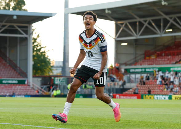 Wrexham, Wales, 8th July 2026. Francis Onyeka of Germany celebrates scoring their sides second goal during the Ukraine U19 vs Germany U19 UEFA European U19 Championship match at The Racecourse, Wrexham. Picture credit should read: Cody Froggatt Sportimage EDITORIAL USE ONLY. No use with unauthorised audio, video, data, fixture lists, club league logos or live services. Online in-match use limited to 120 images, no video emulation. No use in betting, games or single club league player publications. SPI_177_CF_UKRAINE_U19_V_GERMANY_U19 SPI-4857-0176