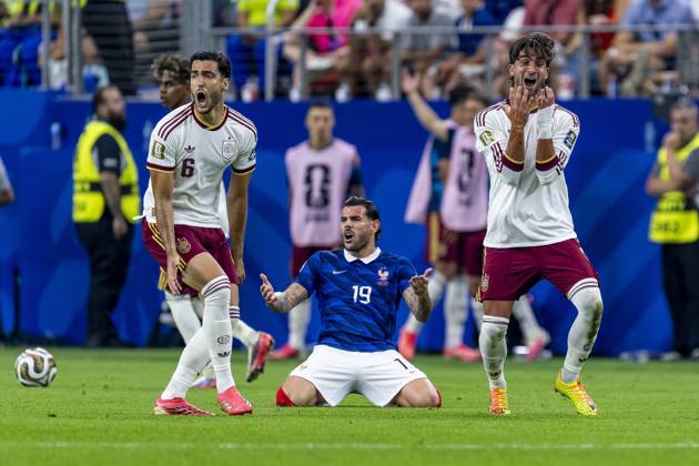 DALLAS - frustration for Rodri or Spain, Theo Hernandez or France and Ferran Torres or Spain during the 2026 World Cup match between France and Spain at Dallas Stadium on July 14, 2026, in Dallas, United States. (Photo by Stefan Koops EYE4IMAGES DeFodi Images) -