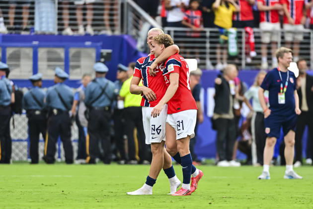 Brazil v Norway: Round of 16 - FIFA World Cup, WM, Weltmeisterschaft, Fussball 2026 New Jersey, United States - 5 July: (L-R) Julian Ryerson and Andreas Schjelderup of Norway celebrate after winning the during the FIFA World Cup 2026 Round Of 16 match between Brazil and Norway at New York New Jersey Stadium on July 5, 2026 in East Rutherford, United States East Rutherford New York New Jersey Stadium New Jersey United States Copyright: xLatinxSportxImagesx